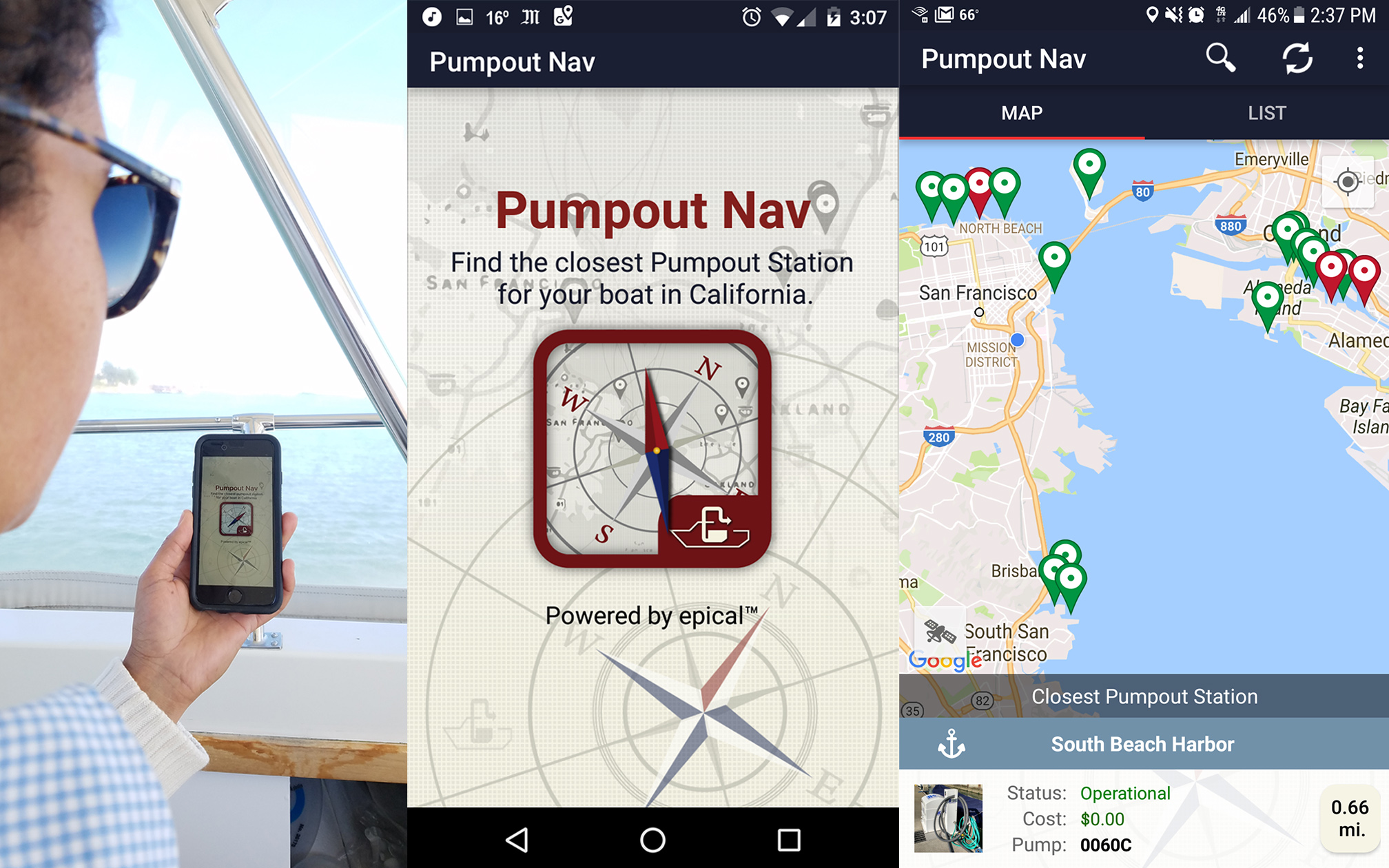 Images of Pumpout Nav app screens and app in use