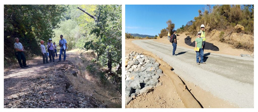 Slumping calcine paved trail before remediation (left) and new remediated trail in Almaden Quicksilver County Park