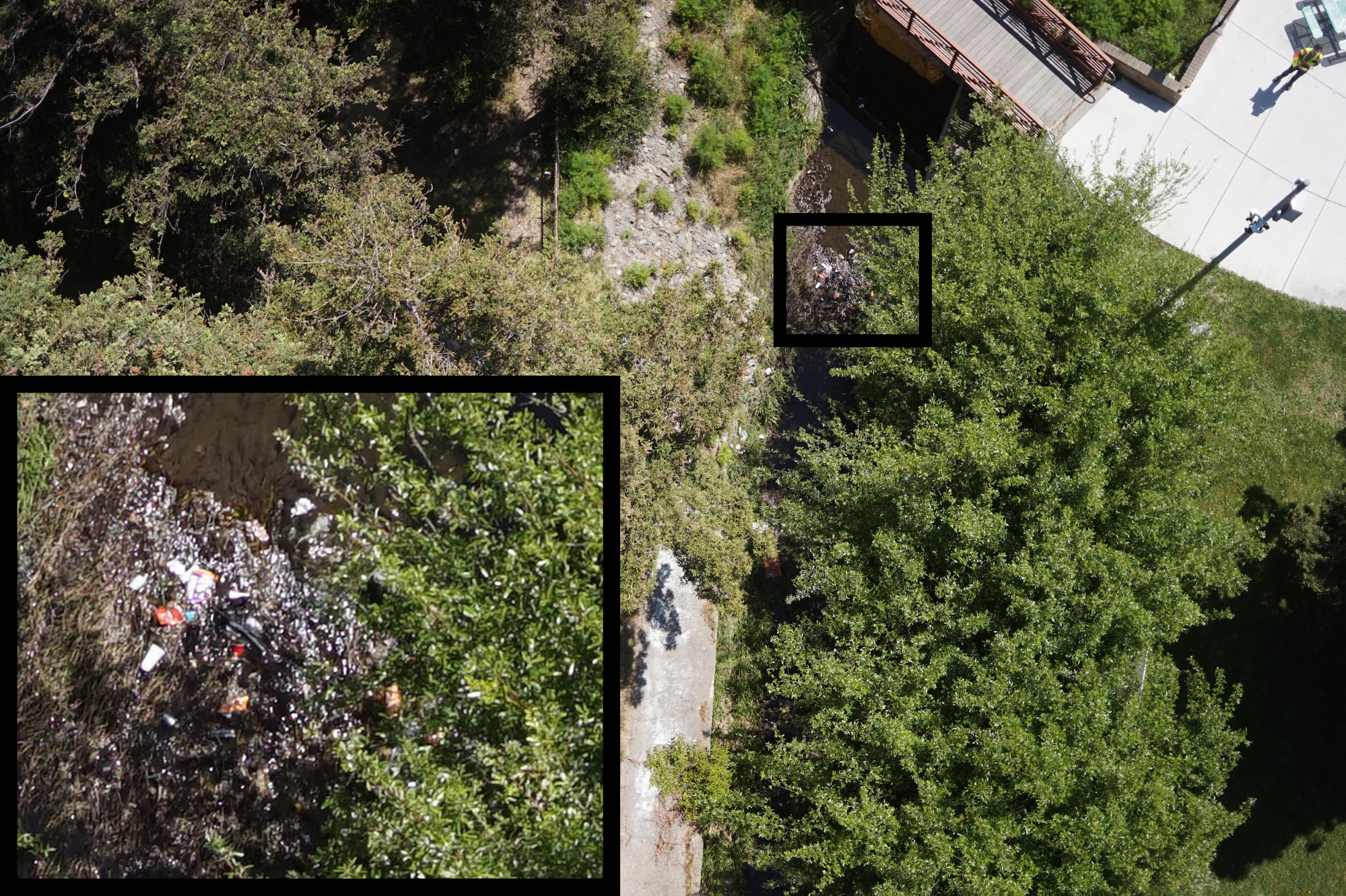 Trash near a bridge in Herbert Park in San Pablo, CA, May 1, 2018. This image is from aerial research conducted by Tony Hale and Pete Kauhanen of the San Francisco Estuary Institute. Image credit: SFEI