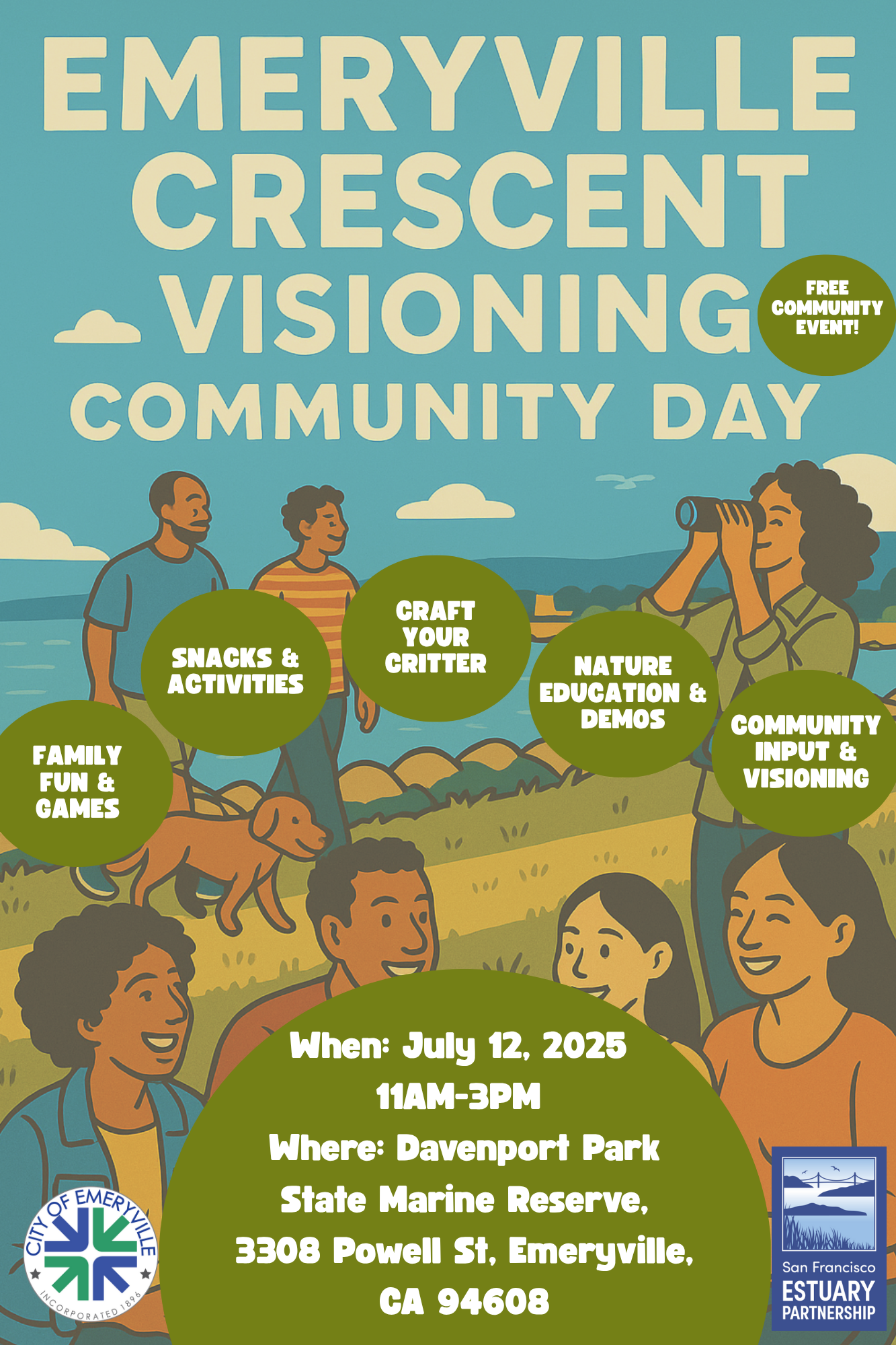 English Flyer (1) Flyer for the Emeryville Crescent Visioning Community Day event on July 12, 2025. The event runs from 11 am - 3 pm at 2333 Powell Street, Emeryville, CA 94608.