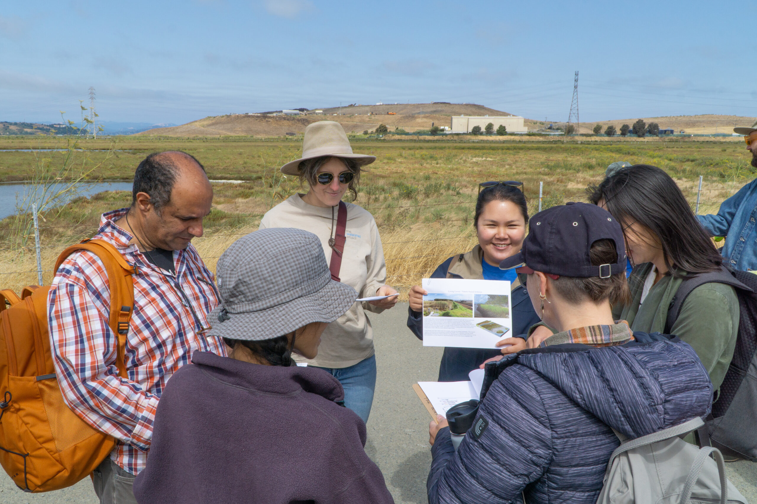 People recreating on the San Francisco estuary/San Francisco Bay Trail. Tour group. Image provided for the SFEP Our Estuary website. Photo by Ben Botkin. 