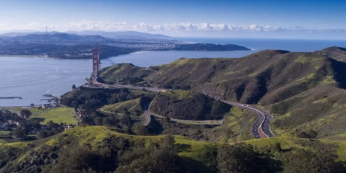 Aerial view of Marin where you can see the Bay Bridge on a bright sunny day 
